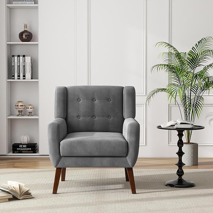 UIXE Accent Chair, Velvet Upholstered Armchair for Living Room, Modern Club Arm Chairs Comfy Single Sofa Button Tufted Bedroom Reading Seat - Gray, Set of 4