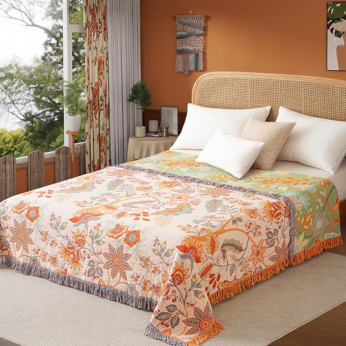 Boho Throw Blanket Queen Size, Soft Cozy Cotton Muslin Quilt Blanket for Bed Decor, Floral Patterned Couch Sofa Chair Cover, Vintage Farmhouse Cottage Tapestry Woven Blanket, Coral&Green