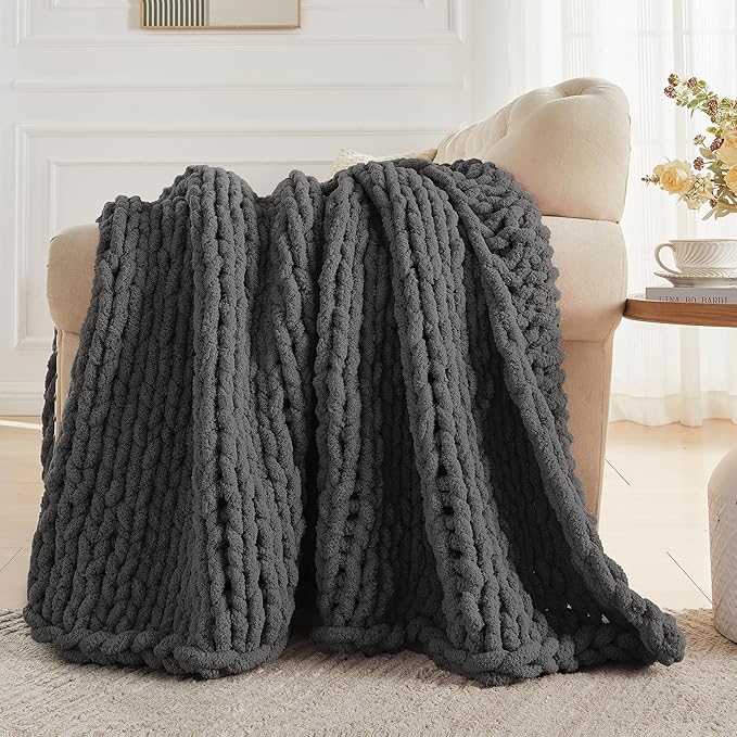 Carriediosa Chunky Knit Throw Blanket 50" X 60", 100% Hand Made Large Chenille Loop Yarn Soft Fluffy Throws for Couch Sofa Bed, Big Crochet Cozy Heavy Thick Cable Woven Blankets, Dark Grey