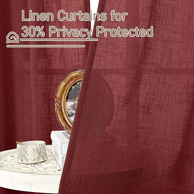 LAMIT 90 inch Red Linen Curtains for Living Room 2 Panels, Light Filtering Christmas Drapes Semi Sheer Bronze Grommet Curtain Panels for Bedroom/Farmhouse, Burgundy Red, 52 x 90 Inch