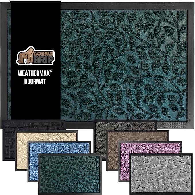 GORILLA GRIP 100% Waterproof All-Season WeatherMax Doormat, 72x24, US Designed Natural Rubber, Stain and Fade Resistant, Low Profile Indoor Outdoor Door Mats, Easy Clean Patio Mat, Moss Vine Leaves