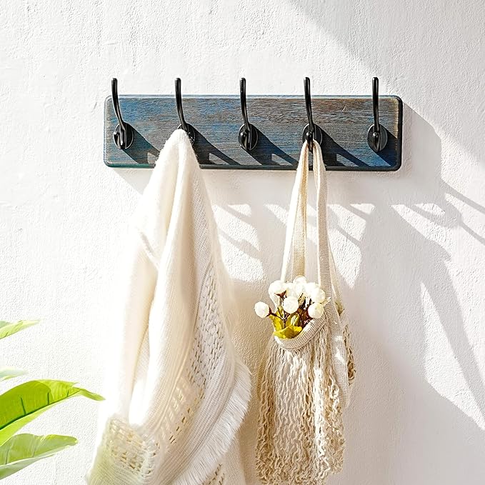 Dseap Coat Rack Wall: Patented, Heavy-Duty, 5-Double-Hooks Wooden Wall Mounted Coat Rack Coat Hanger Hook Rail for Winter Coats Hat Jacket Clothing, Weathered Blue, Pack of 2