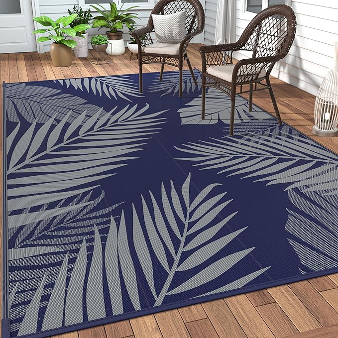 GENIMO Outdoor Rug 6' x 9' Waterproof for Patios Clearance, Reversible Outdoor Plastic Straw Camping Rug Carpet, Large Area Rugs Mats for RV, Camper, Deck, Balcony, Porch, Beach, Picnic Navy Blue&Grey