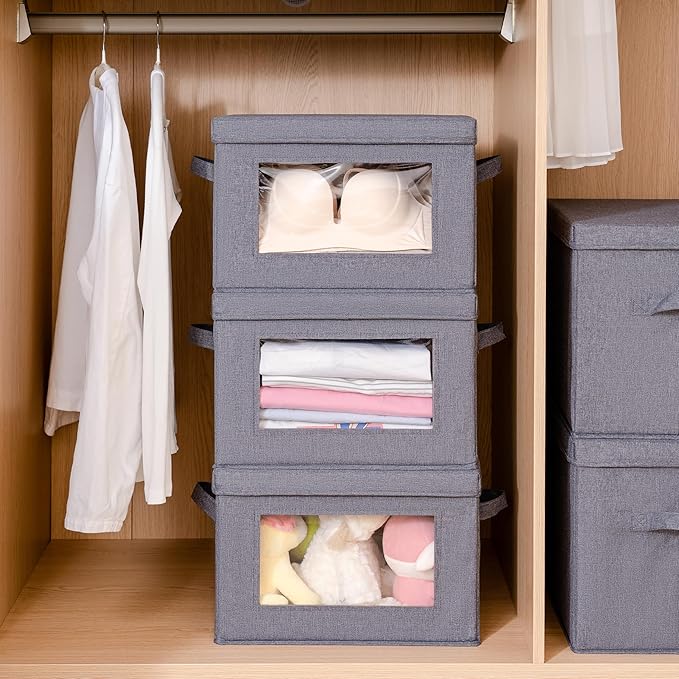 Citylife 3-Pack Collapsible Storage Bins with Lids, Linen Fabric Foldable Storage Boxes, Cube Closet Organization for Clothes, Blankets and Books, Gray