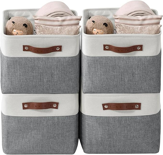 DECOMOMO Storage Bins Fabric Storage Baskets for Shelves, Linen Closet Organization Toys Nursery (Slate Grey and White, Large - 4 Pack)