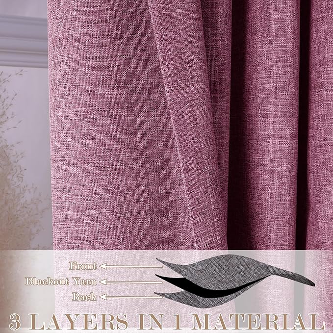 Lilac Pinch Pleat 100% Blackout Drapes Linen Blend, Room Divider, Room Darkening, Energy Saving, Furniture Protecting, Light Blocking Extra Wide Privacy Curtains, 200Wx102L, 1 PC
