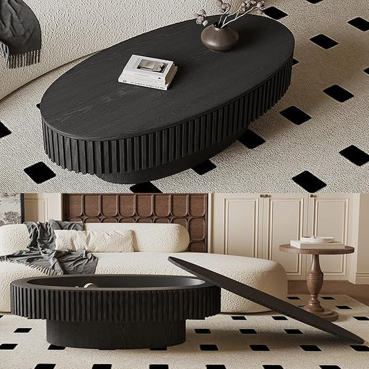 47.2''Oval Coffee Table with Storage, Mid Century Modern Fluted Drum Center Tables with Lid, Solid Wood Side Pedestal Coffee Table Tea Table for Living Room, Bedroom, Apartment-Black