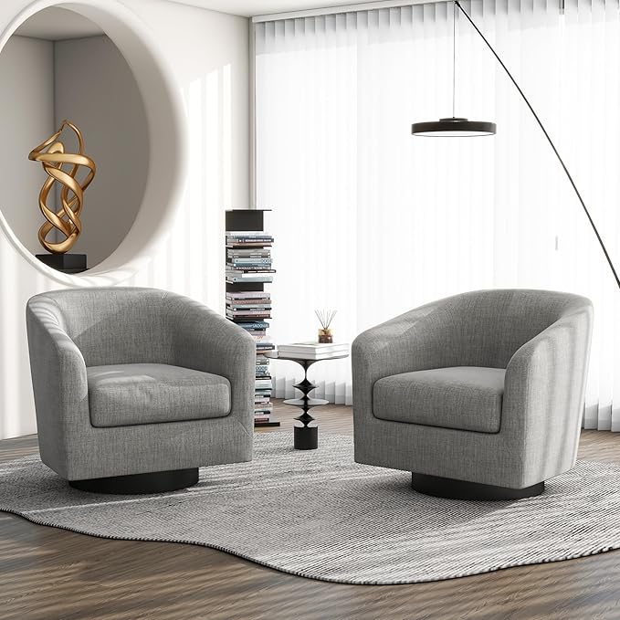 Swivel Barrel Accent Chair, Modern Round Linen Arm Chair for Living Room, Bedroom, Comfy Club Reading Chairs for Adults（Linen Fabric, Light Grey, Set of 4