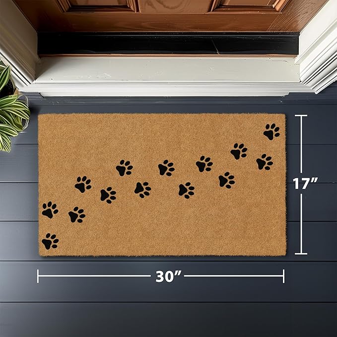 Barnyard Designs Natural Coco Coir Heavy Duty Backing Doormat - Large Cute Non-Slip Front Door Welcome Mat for Outside Entrance or Porch Entry, Brown (17x30, Paws)