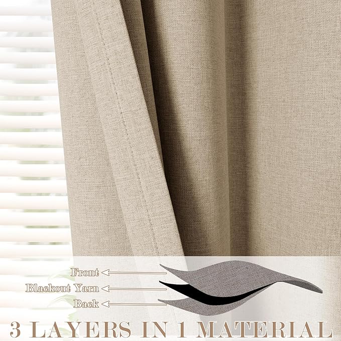 Sand Beige Pinch Pleat 100% Blackout Drapes Linen Blend, Room Divider, Room Darkening, Energy Saving, Furniture Protecting, Light Blocking Extra Wide Privacy Curtains, 200Wx102L, 1 PC