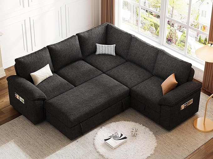 85 Inch Modular Sectional Sofa with Pull Out Bed,L Shaped 5 Seat Sectional Sleeper Sofa with Storage,Sectional Couches for Living Room,Cloud Modular Couch,Removable Sofa Cover,Black