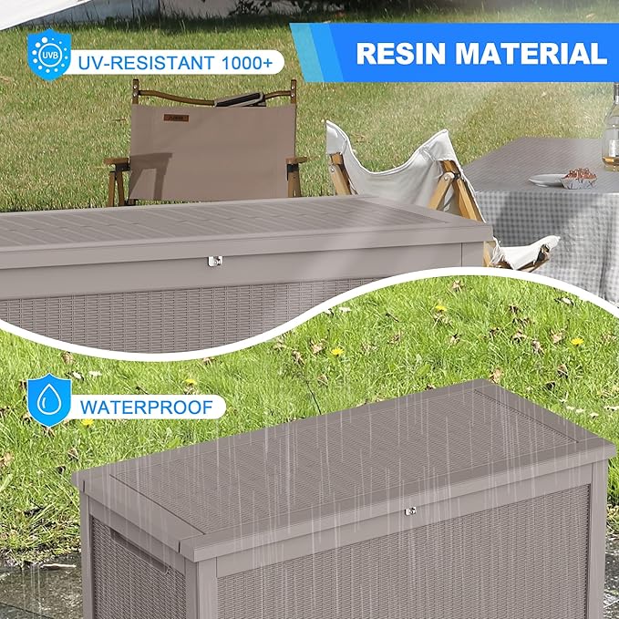 260 Gallon Deck Box XXL Large Outdoor Storage for Patio Furniture,Outdoor Cushions,Garden Tools and Pool Supplies,Waterproof,Resin,Lockable(Grey Rattan)