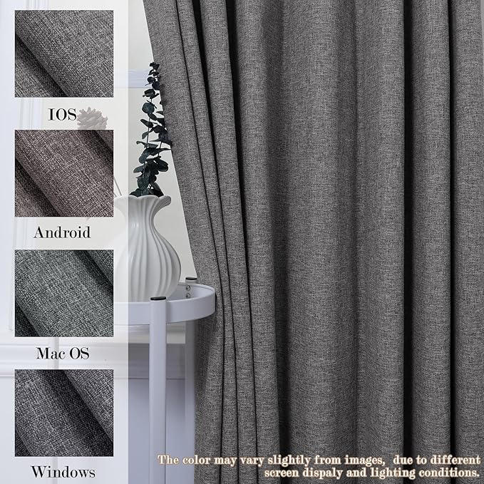 100% Blackout Linen Textured Drapes for Bedroom Pinch Pleated Curtains for Track System Portable Drapery for Sliding Glass Door/Storage/Space Room Divider, 70" Wx96 L, 1 PC, Natural Grey
