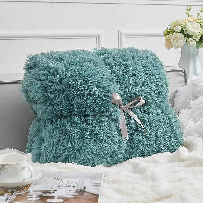 GONAAP Fuzzy Faux Fur Throw Blanket Twin Size Light Teal Super Soft Cozy Plush Fuzzy Shaggy Blanket for Couch Sofa Bed (Light Teal, Twin(60"x80"))
