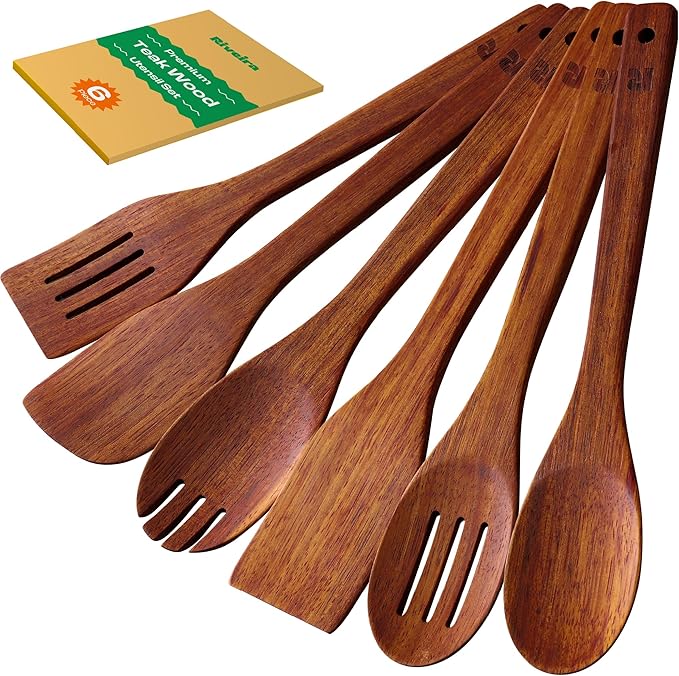 Riveira Teak Wooden Spoons for Cooking Set of 6 – Natural Teak Wooden Cooking Utensils, Wooden Spatula, Wooden Spoon - Premium Quality Wooden Utensil Set for Non-Toxic Cooking