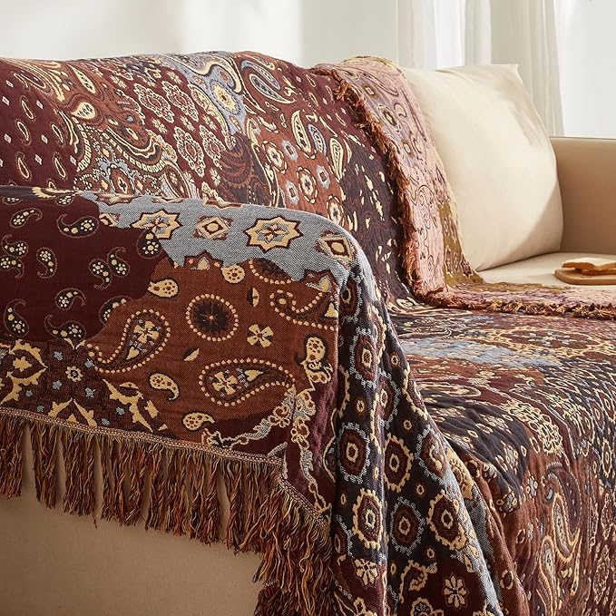 Boho Throw Blanket for Couch Sofa Bed, 100% Cotton Woven Quilt with Tassel 80”x90”, Super Soft Muslin Blanket with Patchwork Printed, Decorative Reversible Bed Blanket/Cover for All Seasons