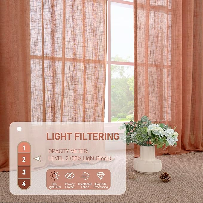 LAMIT Semi Sheer Linen Curtains 45 Inch Length, Terracotta Light Filtering Fall Decor Short Window Curtains with Bronze Grommet for Bedroom/Farmhouse, 2 Panels Set, 52 x 45 Inch