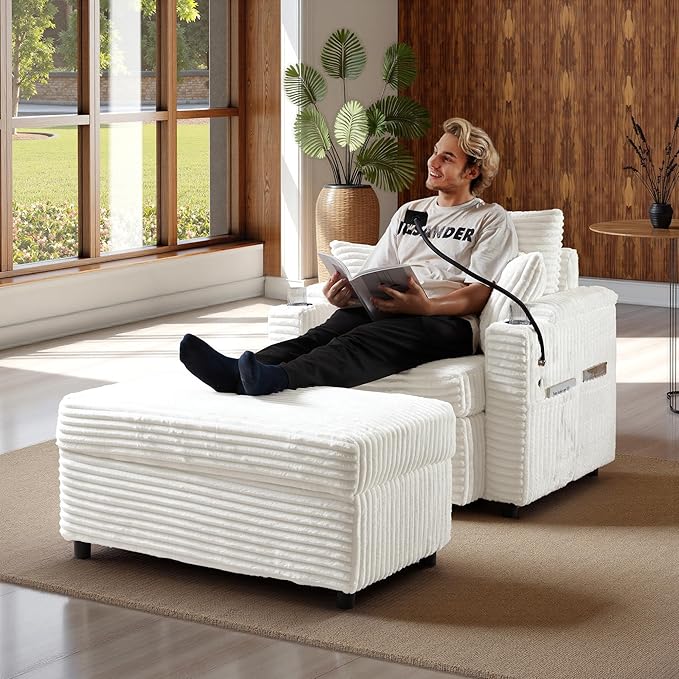 Accent Chair with Storage Ottoman Upholstered Living Room Chairs for Reading Chair with Chaise Lounge Chairs Indoor, Comfortable Armchair for Bedroom