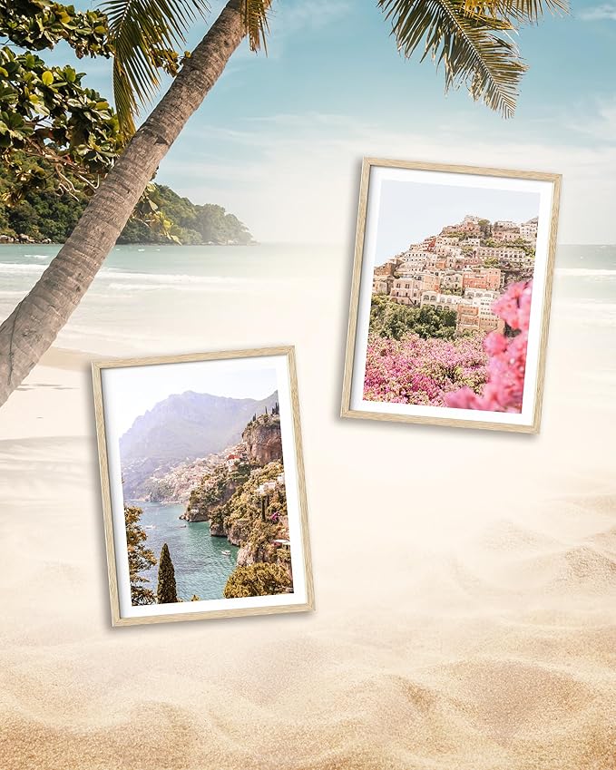 HesenDot Natural OAK Wood Amalfi Coast Framed Wall Art,12x16in Italy Beach Canvas Wall Print, Pink Flowers House Boho Wall Decor for Living Room,Bedroom,Office Gallery Gifts Set of 1