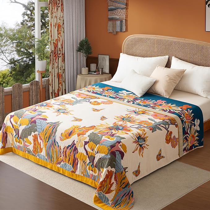 Boho Throw Blanket Throw Size, Soft Cozy Cotton Muslin Quilt Blanket for Bed Decor, Floral Patterned Couch Sofa Chair Cover, Vintage Farmhouse Cottage Tapestry Woven Blanket, Yellow&Blue