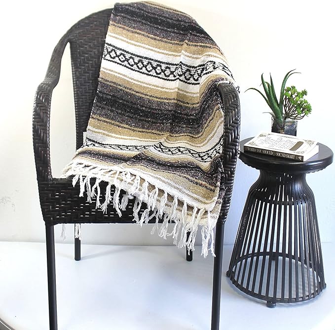 Del Mex Classic Mexican Blanket, Large Authentic Woven Falsa Throw (70"x50"), Artisan Southwest Décor for Beach, Yoga, Outdoors (Tan)