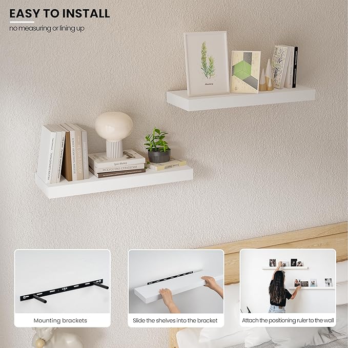 Floating Wood Shelves for Wall 16 Inches x 8”x 1.4” Shelf Floating Home Decor, Heavy Duty Shelf Hold 35 lbs, Wall Shelves for Bathroom Living Room Kitchen Bedroom Office - Set of 2 White