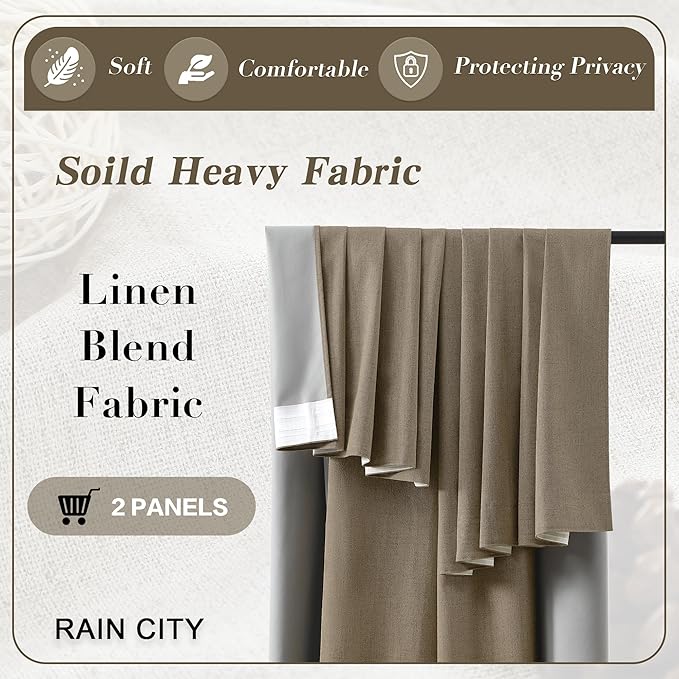 RAIN CITY Extra Wide Blackout Curtains 102 Inches Long 2 Panels Set,70 Inch Wide Back Tab Pleated Curtains with Hooks Track System,Energy Efficinet Drapes for Living Room Farm 70x102,Linen Brown