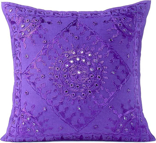 Eyes of India Embroidered Decorative Boho Throw Pillow Cover with Mirrors, Handmade Bohemian Accent Cushion Case for Sofa Couch Bedroom Living Room (Purple, 16" x 16")