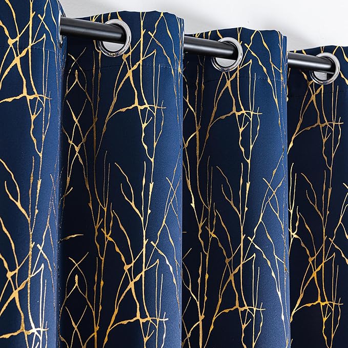 Grommets Blackout Long Window Curtains Navy Blue Gold-52W*95L 2PCS Drapes for Bedroom
