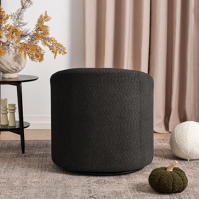 KINWELL 32" Wide Modern Boucle Swivel Barrel Chair, No Assembly Round Upholstered Swivel Accent Armchair for Living Room, Bedroom, Office (Black)