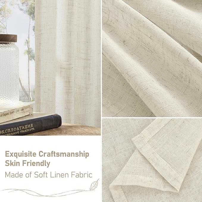 LAMIT 45 Inch Short Window Linen Curtains, Cream Ivory Light Filtering Panels Bronze Grommet Neutral Drapes for Cafe/Bathroom/Loft Room, Natural, 2 Panels, 34 x 45 Inch