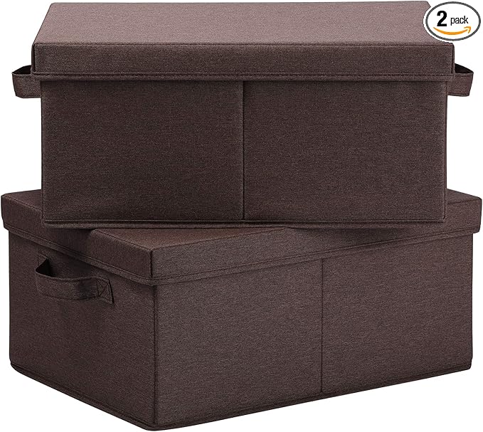HOONEX Linen Foldable Storage Bins with Lids, 2 Pack, Storage Boxes with Carrying Handles and Sturdy Heavy Cardboard, 16.5" L x 11.8" W x 7.5" H for Shoes, Clothes, Brown
