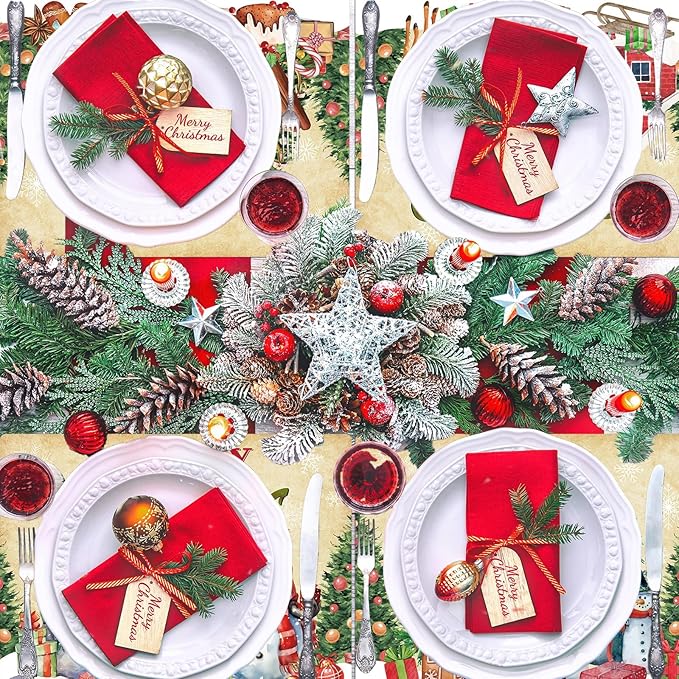 Christmas Placemats Set of 6 Retro Christmas Plastic Table Place Mats Merry Christmas Dining Mats Washable Xmas Holiday Rustic Vintage Table Decoration for Indoor Outdoor Christmas Party Dining Table