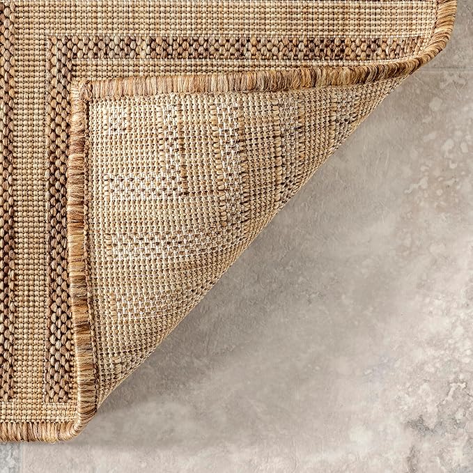 nuLOOM 9'6" x 12' Outdoor Area Rug, Casual Design With Striped Border, Stain Resistant, Highly Durable, For Patio, Balcony, Bedroom, Living Room, Dining Room, Bathroom, Light Brown
