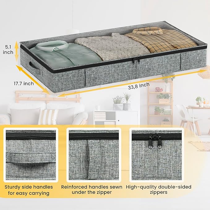 Gray Low Profile Under Bed Storage Containers 5 inches high, 33.8"x 17.7"x 5.1", Sturdy Underbed Shoe Storage Organizer, Foldable Fabric Under the Bed Storage Bins - Pack of 2