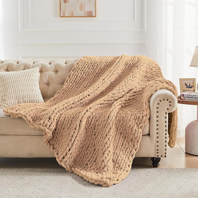 Carriediosa Chunky Knit Throw Blanket 50" X 60", 100% Hand Made Large Chenille Loop Yarn Soft Fluffy Throws for Couch Sofa Bed, Big Crochet Cozy Heavy Thick Cable Woven Blankets, Tan Brown