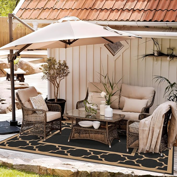 GENIMO Outdoor Rug 9' x 12' Patio Waterproof, Foldable Reversible Plastic Straw Area Rugs Mat for Camper Decor, Outside Carpet for Rv, Deck, Porch, Picnic, Beach, Balcony, Black & Brown