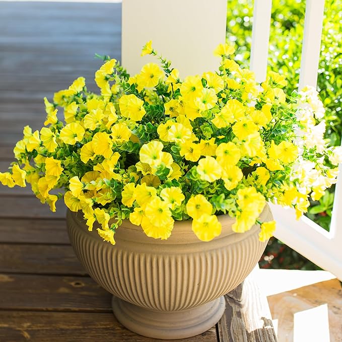 Artificial Mums for Outdoors Fake Fall Flowers Plants for Autumn Decoration, 12 Bundles Silk Morning Glory with Eucalyptus Look Real UV Resistant Yellow Faux Mums for Outside Planters Front Door Yard