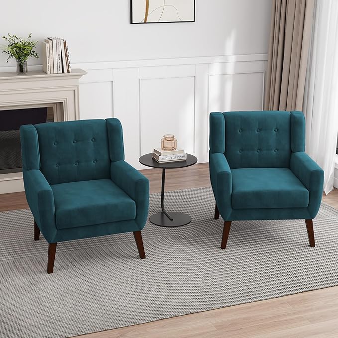 UIXE Accent Chair, Velvet Upholstered Armchair for Living Room, Modern Club Arm Chairs Comfy Single Sofa Button Tufted Bedroom Reading Seat - Blue, Set of 4