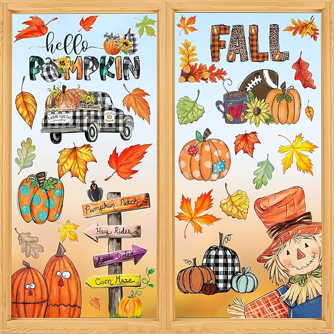 Fall Window Clings Decorations for Glass Fall Watercolor Pumpkin Maple Leaves Scarecrow Truck Window Stickers for Autumn Thanksgiving Harvest Party Home Window Decals Decor
