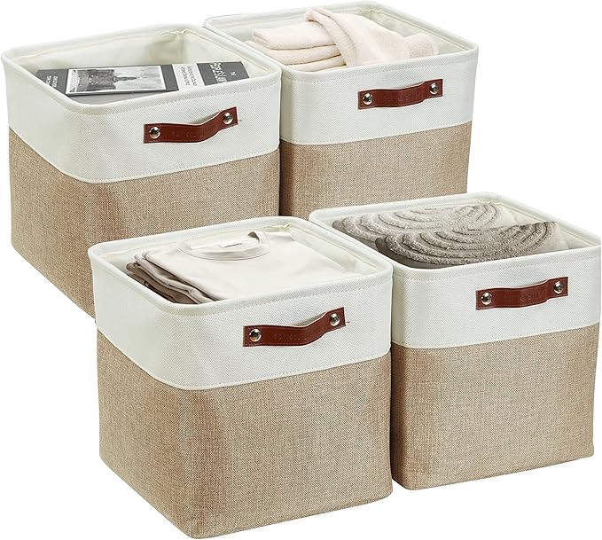 DECOMOMO Storage Cubes, 12x12 Storage Bins, Baskets for Shelves (Beige & White, Cube 12" - 4 Pack)