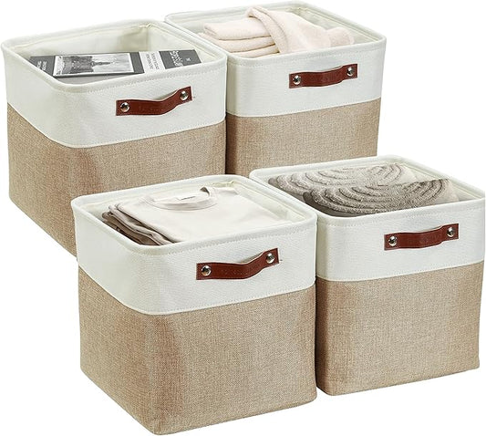 DECOMOMO 13 Inch Cube Storage Bins, Fabric Storage Cube, Basket for Kallax Shelves (Beige & White, Cube 13" - 4 Pack)