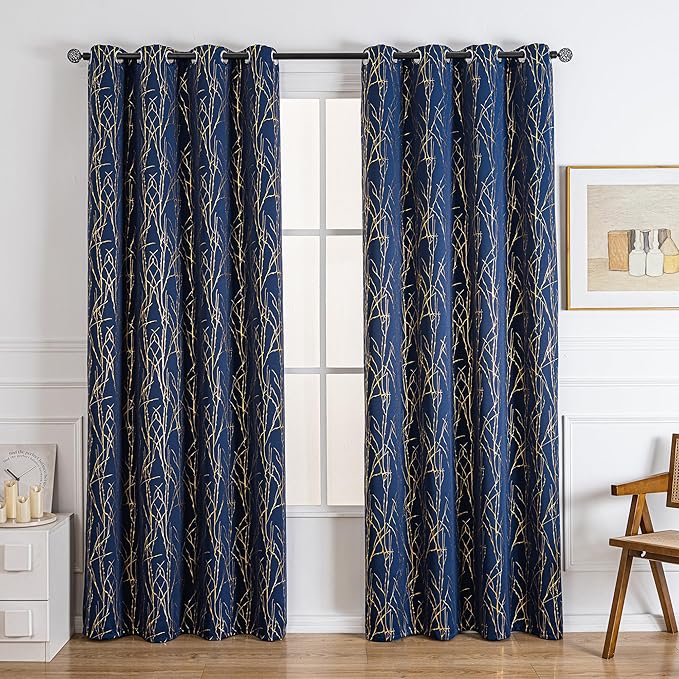 Grommets Blackout Long Window Curtains Navy Blue Gold-52W*95L 2PCS Drapes for Bedroom