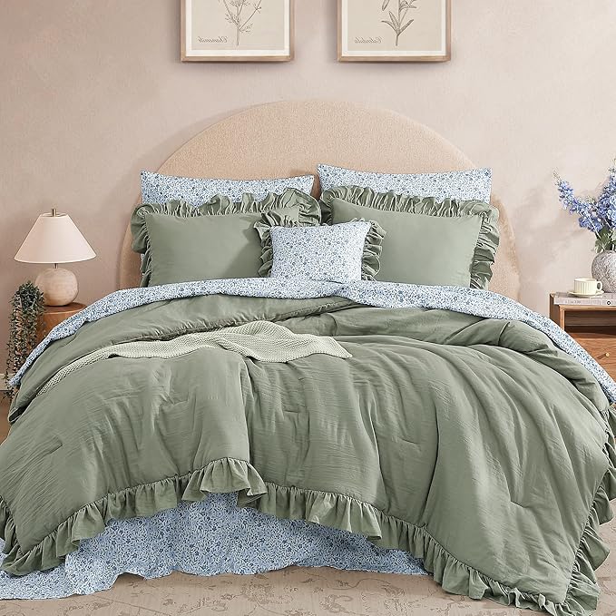 Full Comforter Set - 7 Pieces Ruffle Sage Green Bedding Sets, Shabby Chic Farmhouse Bed in a Bag Full with Ruffle Comforter, Floral Sheets, Pillowcases & Shams