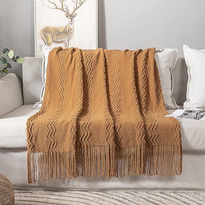 MIULEE Knitted Brown Throw Blanket for Couch,Boho Bed Decor Knit Outdoor Blankets Throw Size with Tassels Cozy Woven for Sofa Home Chair Wave Pattern 50" x 60" Inches