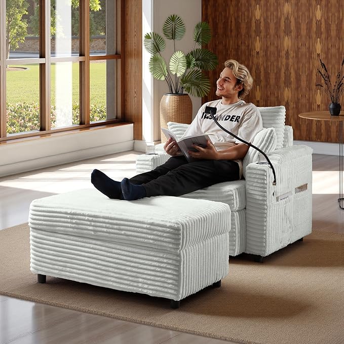 Accent Chair with Storage Ottoman Upholstered Living Room Chairs for Reading Chair with Chaise Lounge Chairs Indoor, Comfortable Armchair for Bedroom