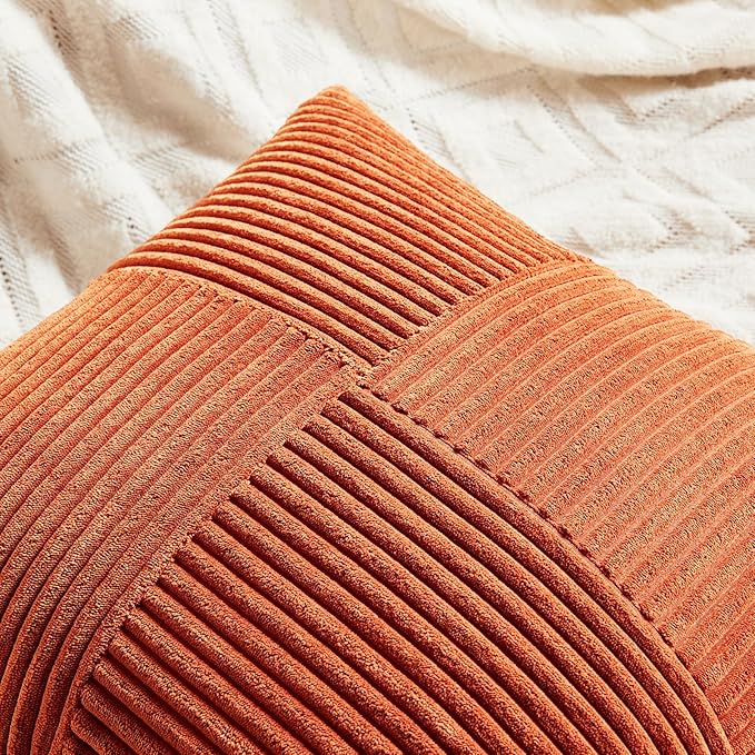 Fancy Homi Set of 2 Burnt Orange Lumbar Decorative Throw Pillow Covers 12x20 Inch for Living Room Couch Bed, Boho Farmhouse Fall Home Decor, Soft Corduroy Corss Patchwork Cushion Case 30x50 cm