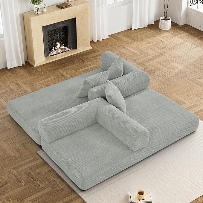 Convertible Sleeper Sofa Bed with Pillow, 4-in-1 Corduroy Folding Mattress Couch with Fixed-Shape Frame, Futon Fold Out Floor Sofa Cama Lounge Couch for Living Room Bedroom, Light Grey