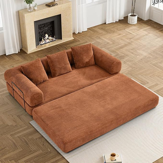 Convertible Sleeper Sofa Bed with Pillow, 4-in-1 Corduroy Folding Mattress Couch with Fixed-Shape Frame, Futon Fold Out Floor Sofa Cama Lounge Couch for Living Room Bedroom, Orange