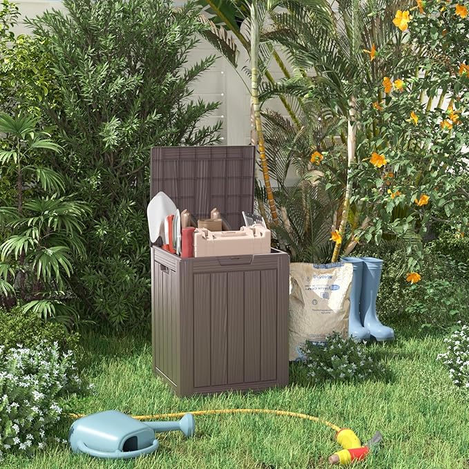 28 Gallon Resin Deck Box, Lockable Outdoor Storage Box for Patio Cushions Storage Furniture,Garden Tools, Pool Supplies, Weatherproof and UV Resistant (Grey)